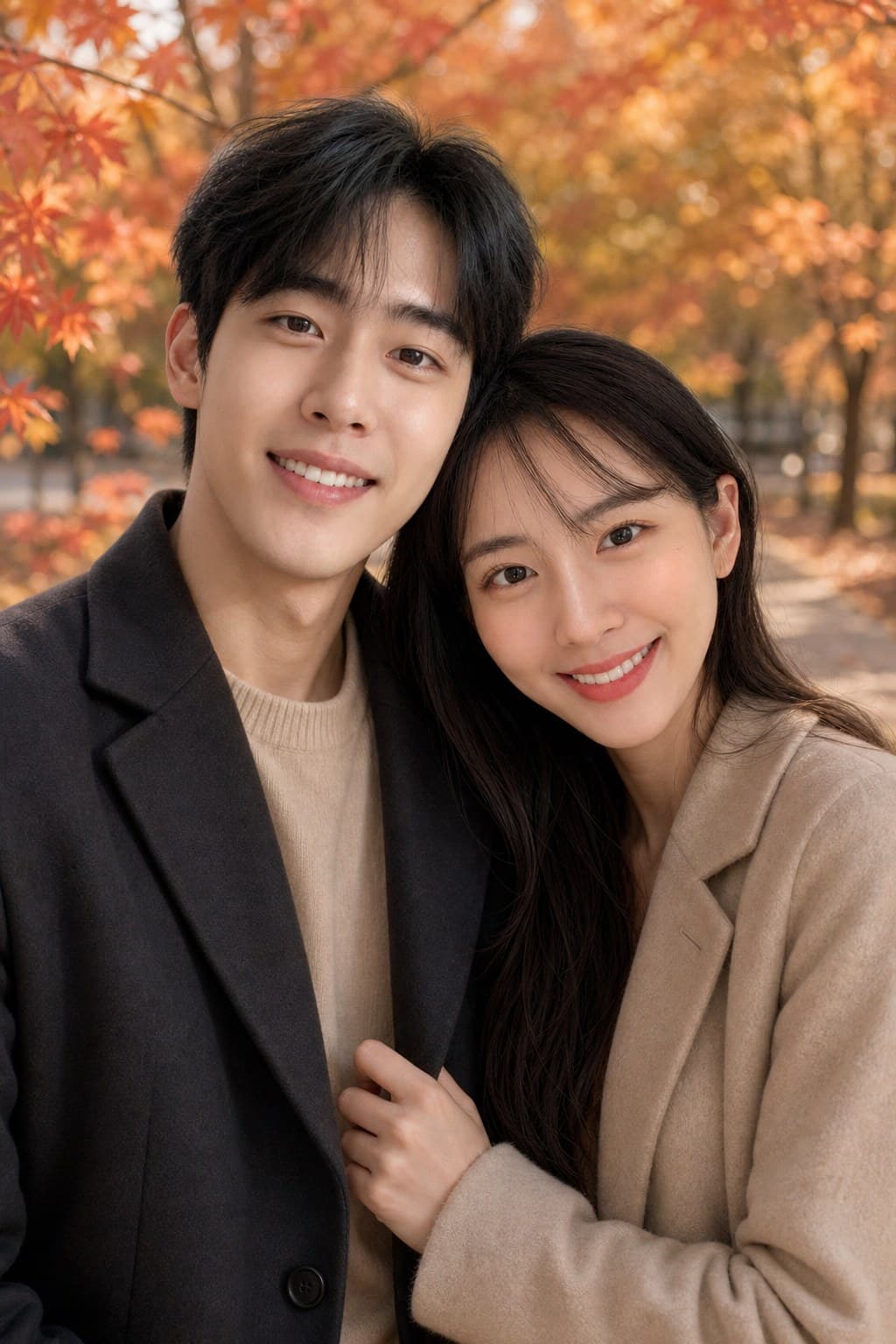 AI couple portrait fall foliage backdrop