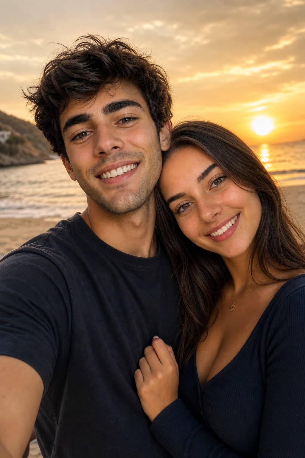 AI couple portrait romantic beach at golden hour