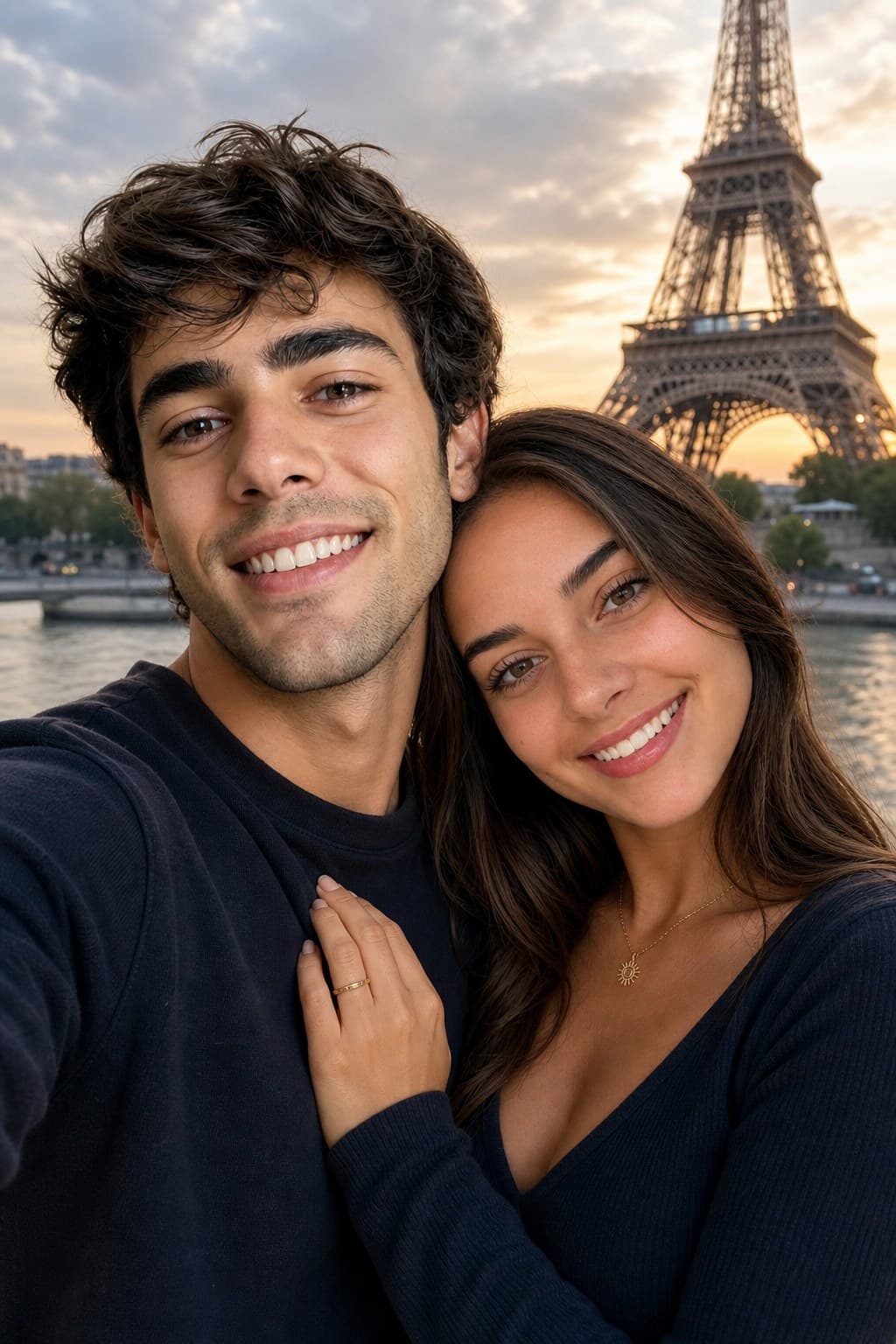 AI couple portrait paris with eiffel tower backdrop