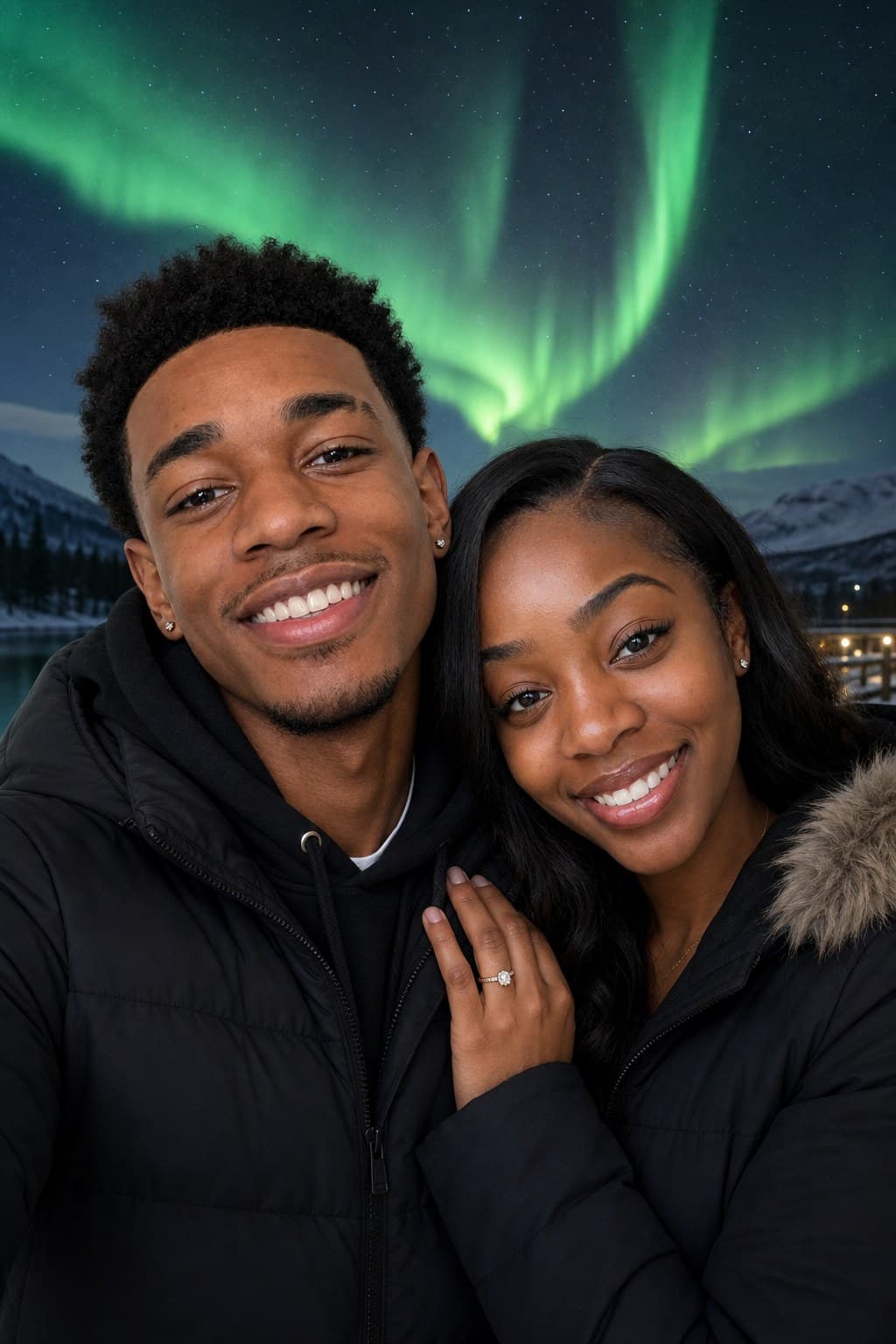 AI couple portrait aurora borealis backdrop