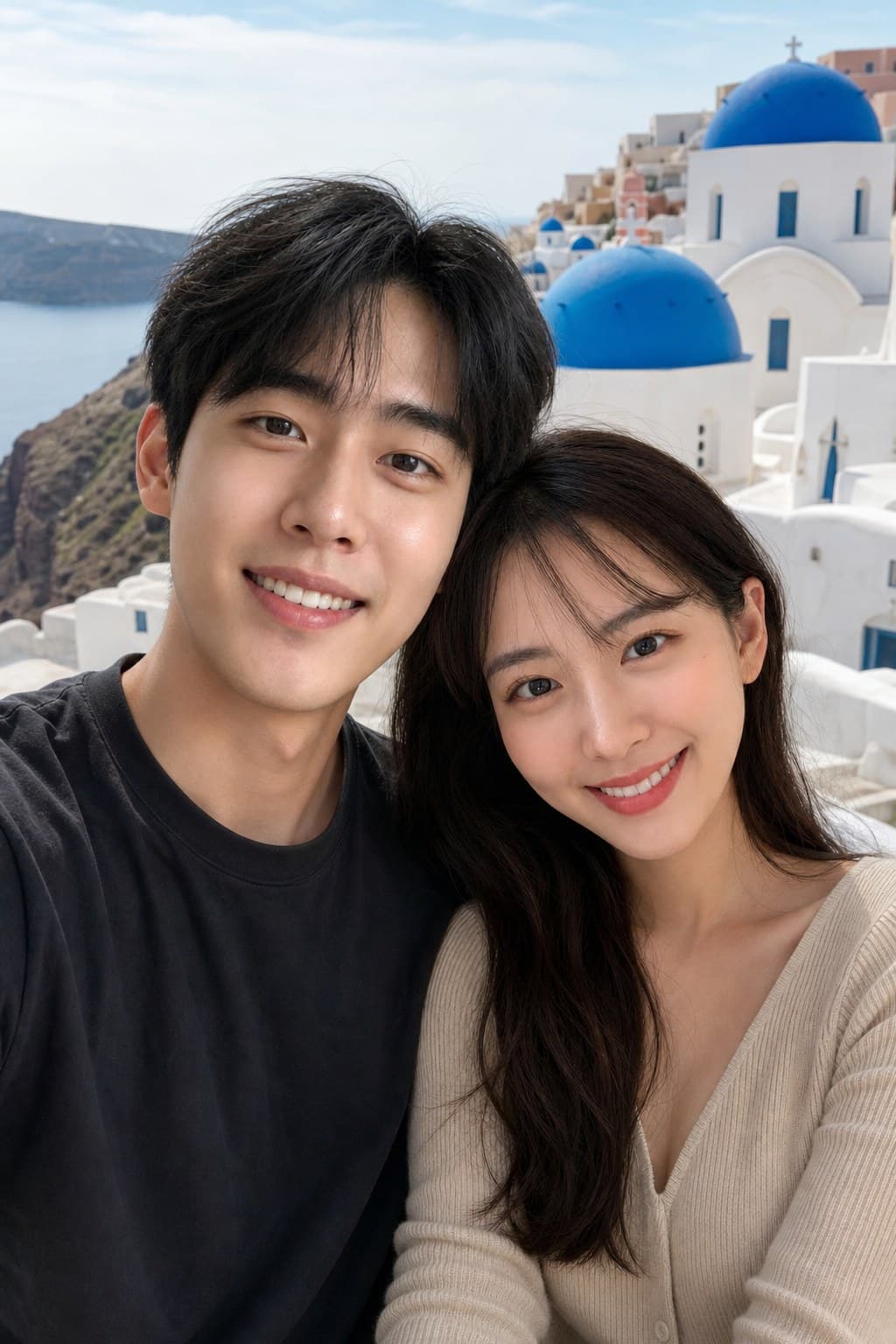 AI couple portrait greek island white buildings