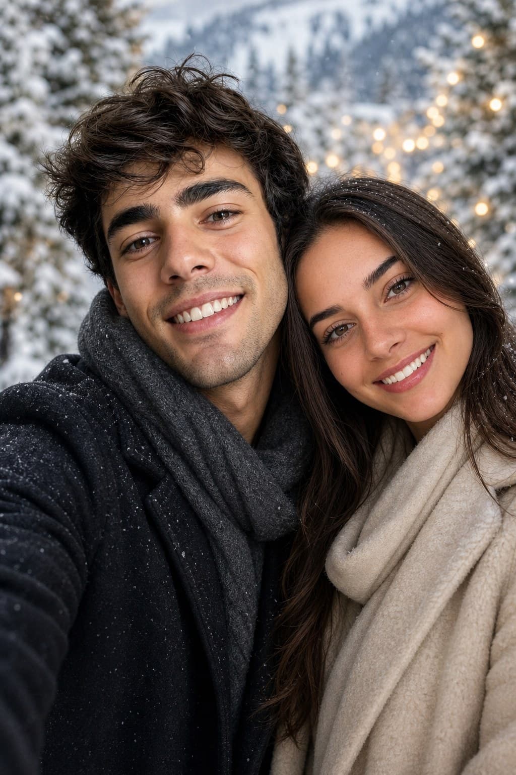 AI couple portrait snowy winter scene