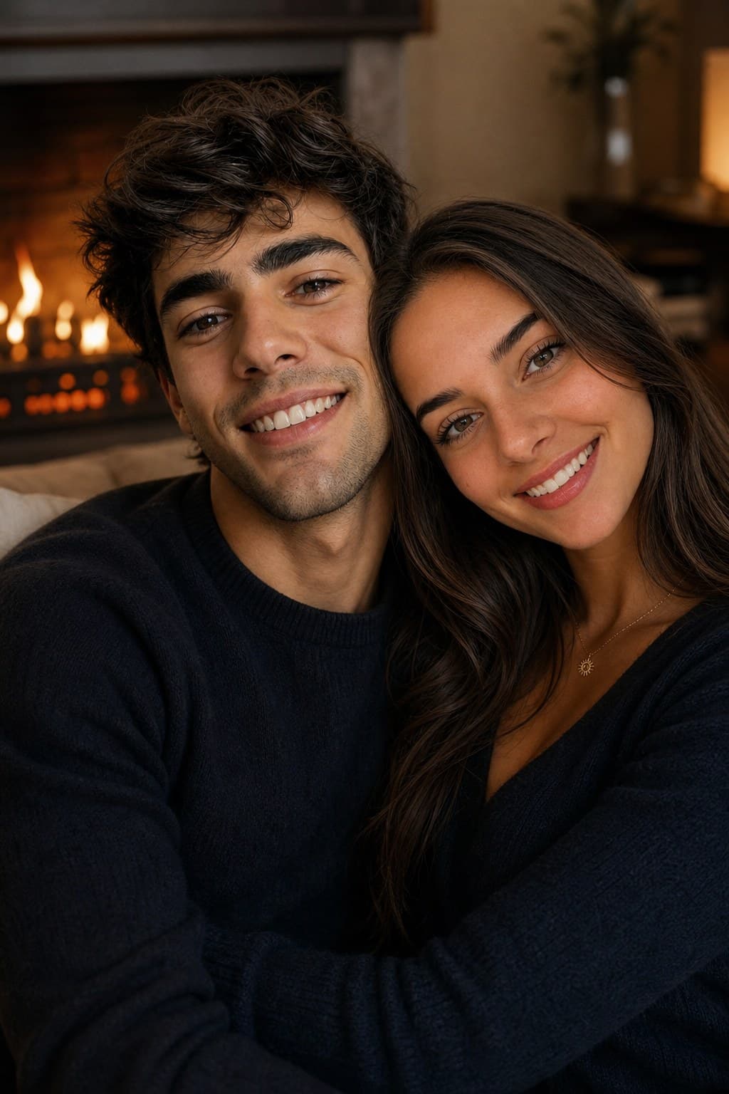 AI couple portrait cozy fireplace setting