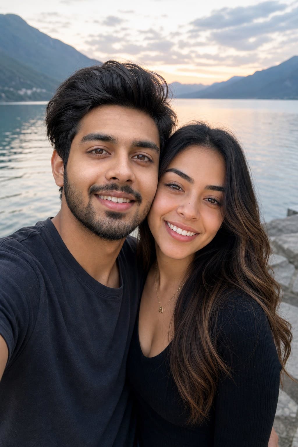 AI couple portrait serene lakeside setting